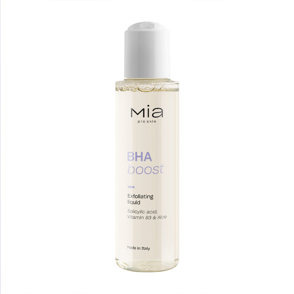 Skincare bottle labeled 'mia' on a white background